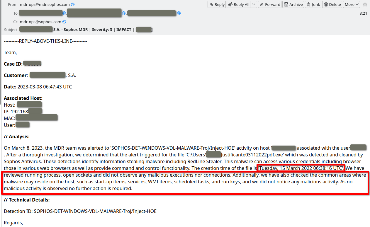 Reporte de incidente del MDR de Sophos
